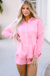 Pink Crinkle Frayed Long Sleeve Shirt and Casual Shorts Set